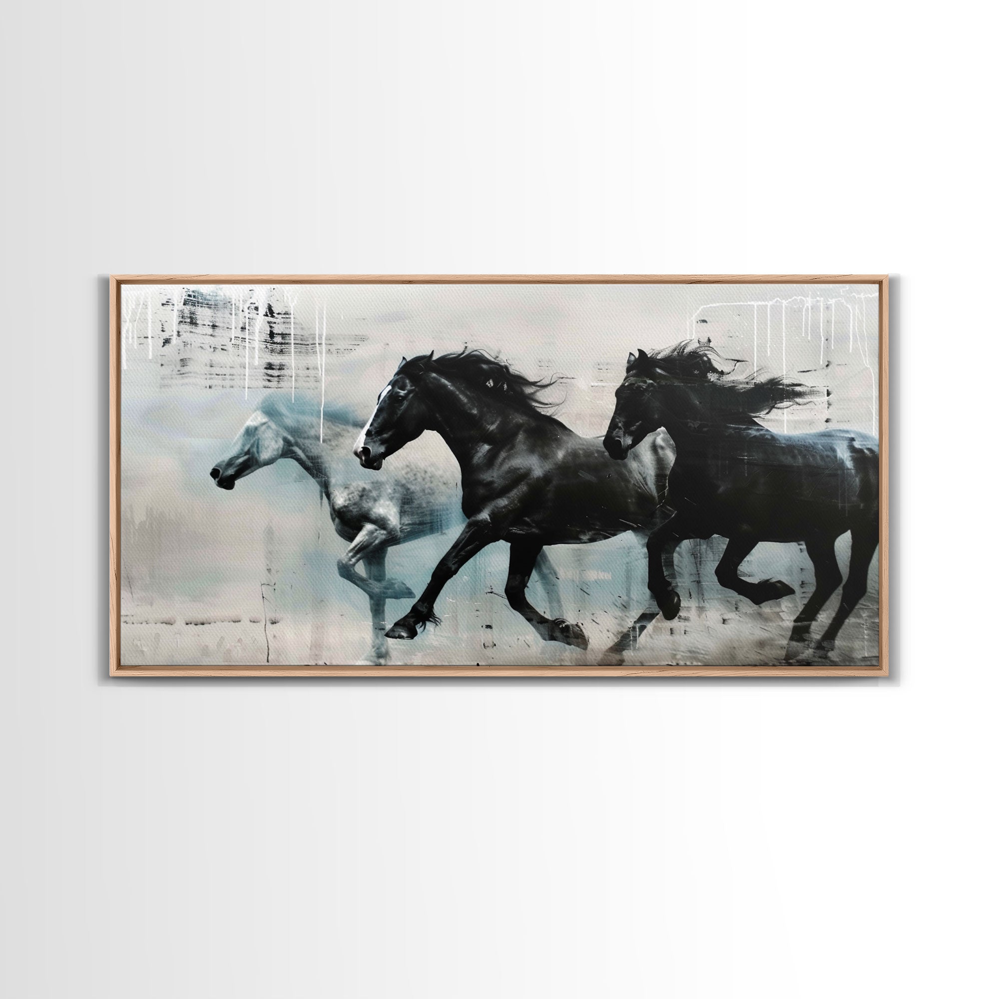 Galloping Horses in Monochrome Abstract Landscape, Perfect Wall Art, Framed Canvas Print for Living Room or Bedroom Decor, Equestrian Art - Takoa Home Decor