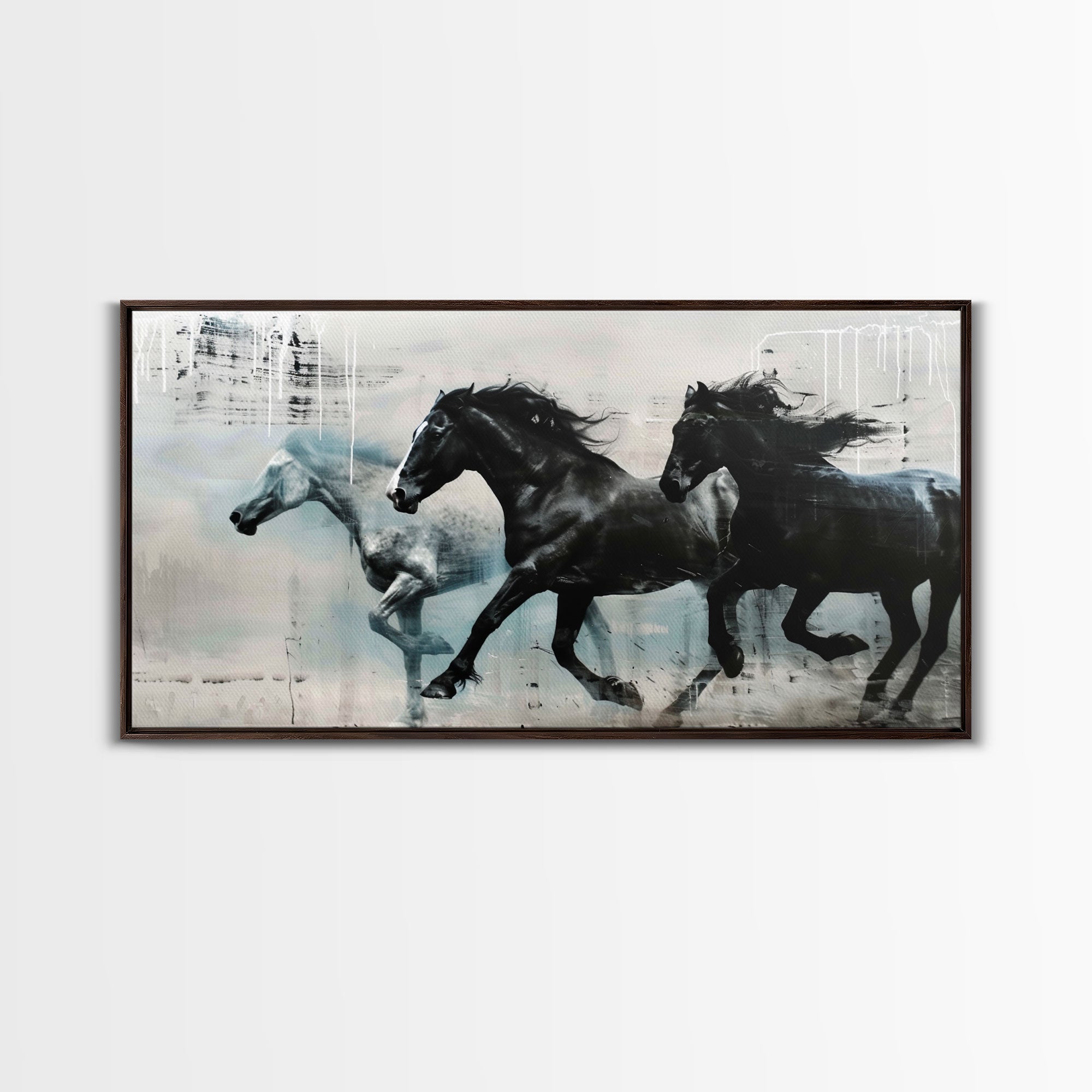 Galloping Horses in Monochrome Abstract Landscape, Perfect Wall Art, Framed Canvas Print for Living Room or Bedroom Decor, Equestrian Art - Takoa Home Decor