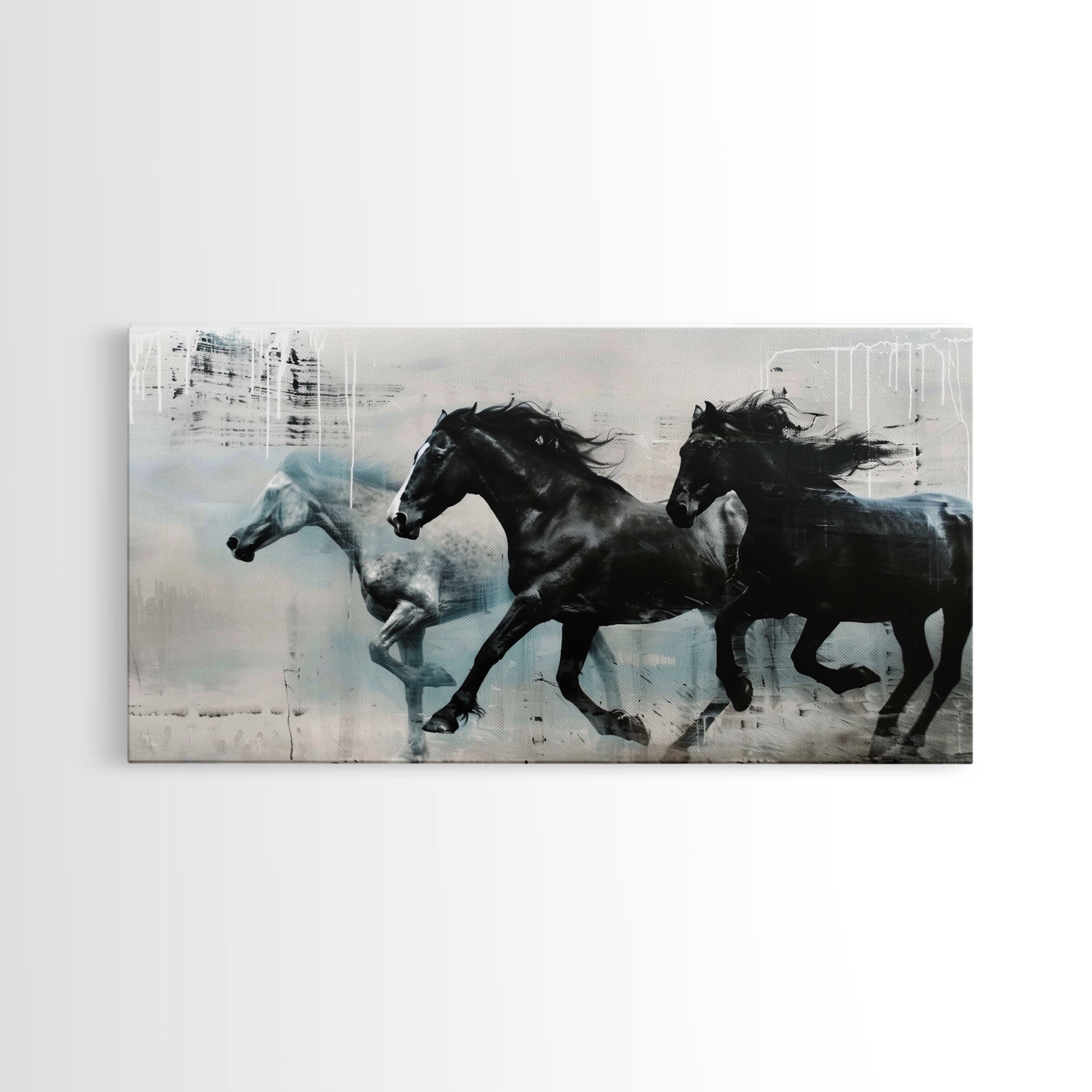 Galloping Horses in Monochrome Abstract Landscape, Perfect Wall Art, Framed Canvas Print for Living Room or Bedroom Decor, Equestrian Art - Takoa Home Decor