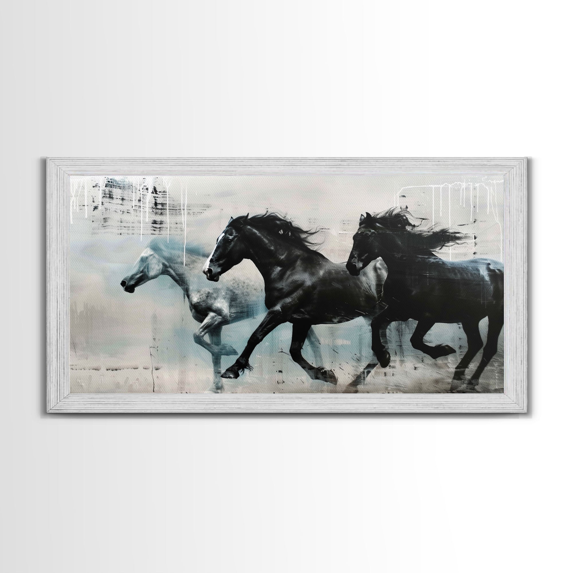 Galloping Horses in Monochrome Abstract Landscape, Perfect Wall Art, Framed Canvas Print for Living Room or Bedroom Decor, Equestrian Art - Takoa Home Decor