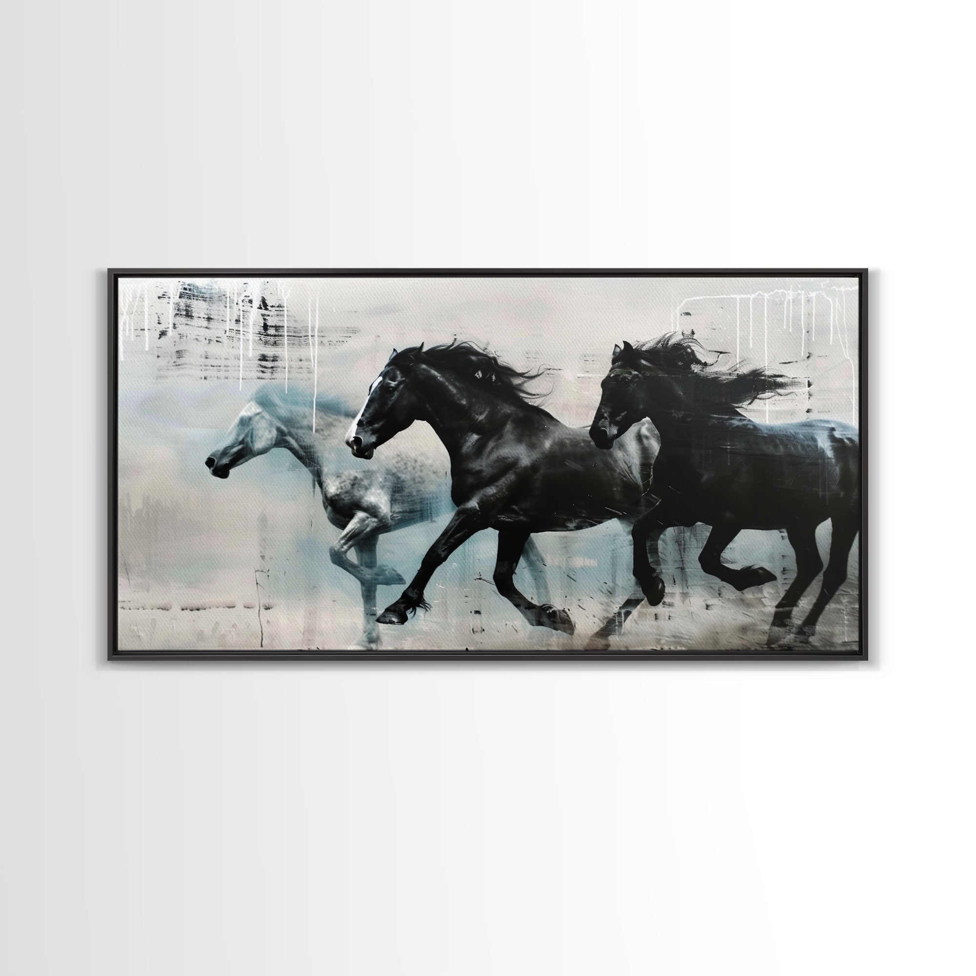 Galloping Horses in Monochrome Abstract Landscape, Perfect Wall Art, Framed Canvas Print for Living Room or Bedroom Decor, Equestrian Art - Takoa Home Decor