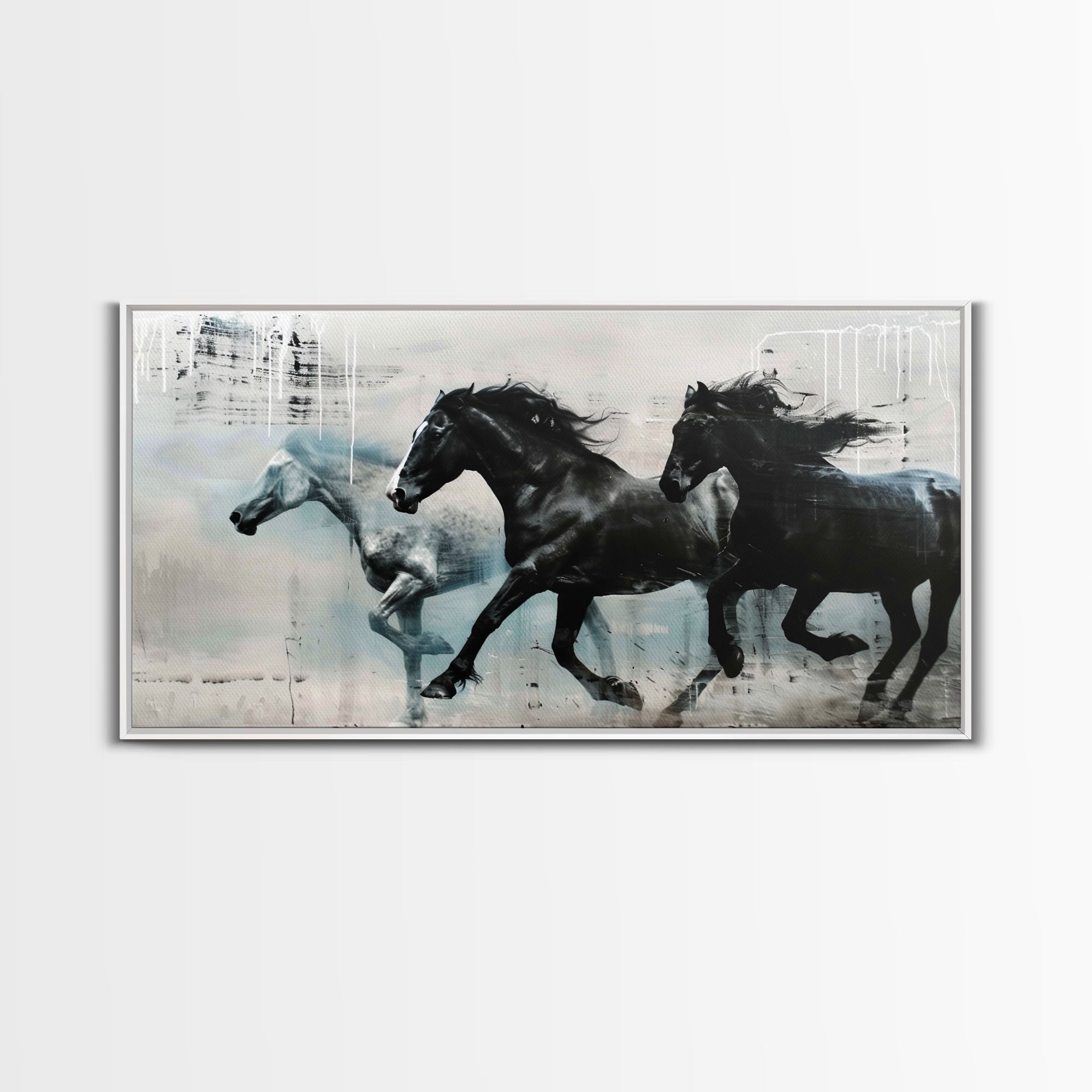 Galloping Horses in Monochrome Abstract Landscape, Perfect Wall Art, Framed Canvas Print for Living Room or Bedroom Decor, Equestrian Art - Takoa Home Decor