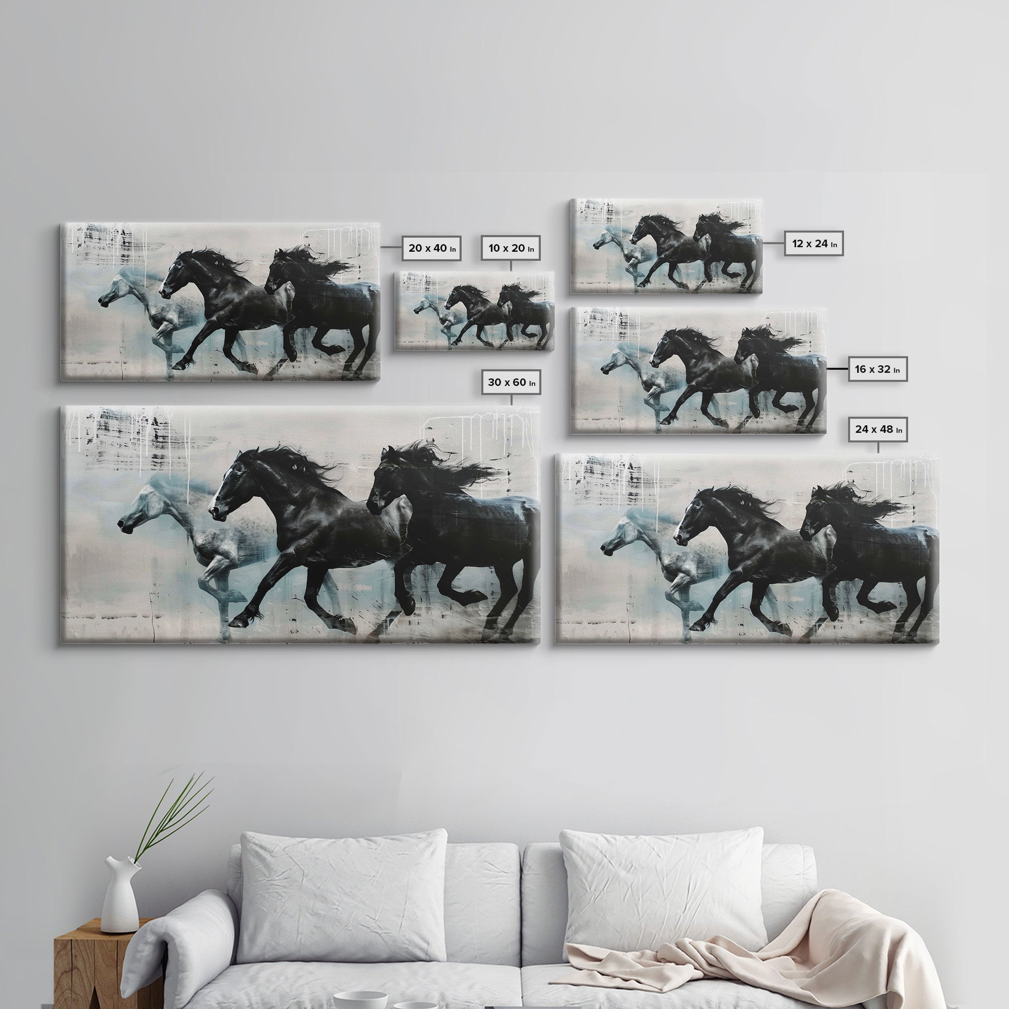 Galloping Horses in Monochrome Abstract Landscape, Perfect Wall Art, Framed Canvas Print for Living Room or Bedroom Decor, Equestrian Art - Takoa Home Decor